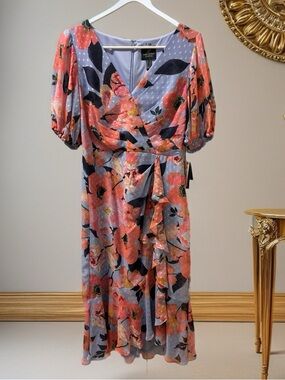 Adrianna Papell Chiffon Woman’s Pink Coral Blue Wrap Midi Dress Size 6